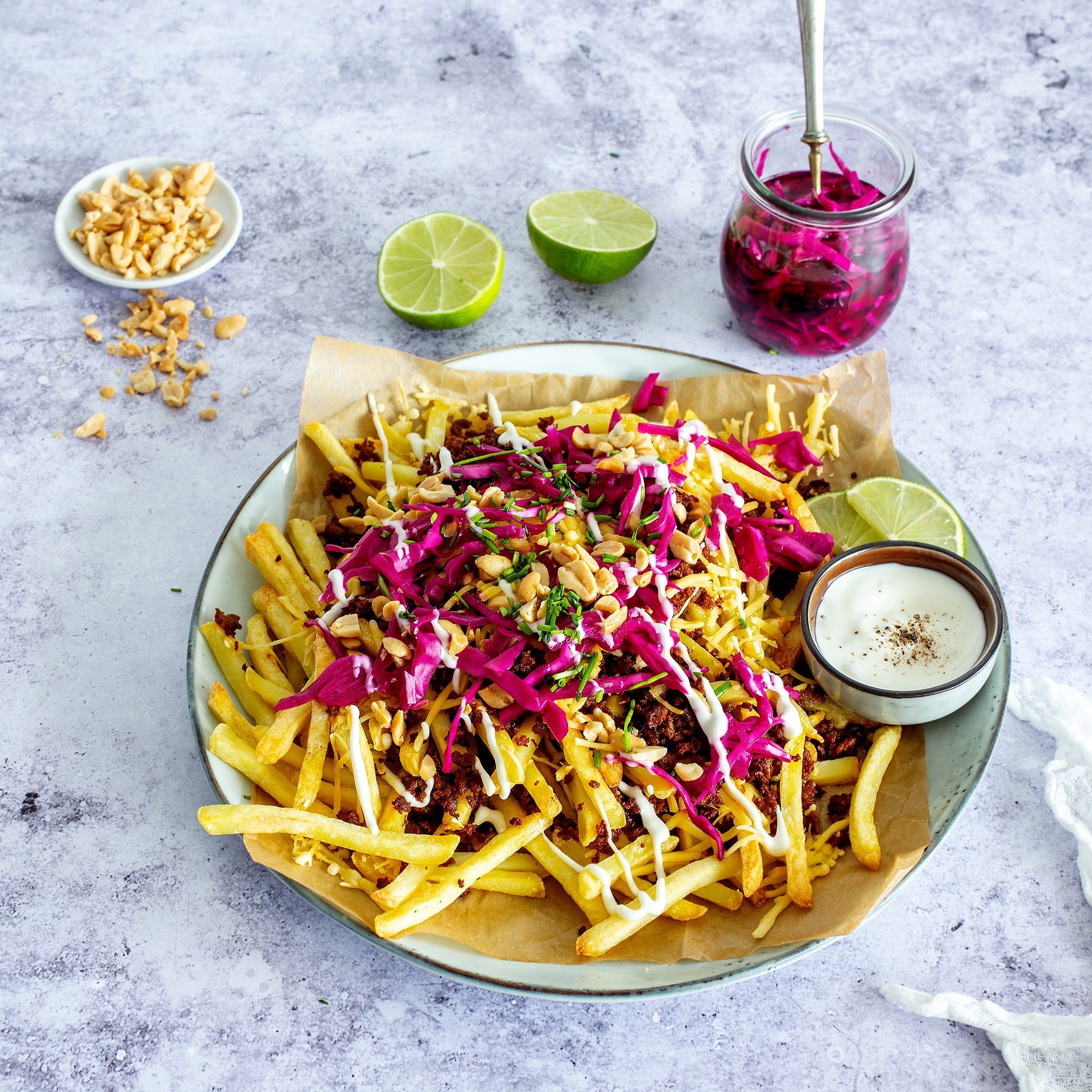 Vegan loaded fries with pickled red cabbage bedda world