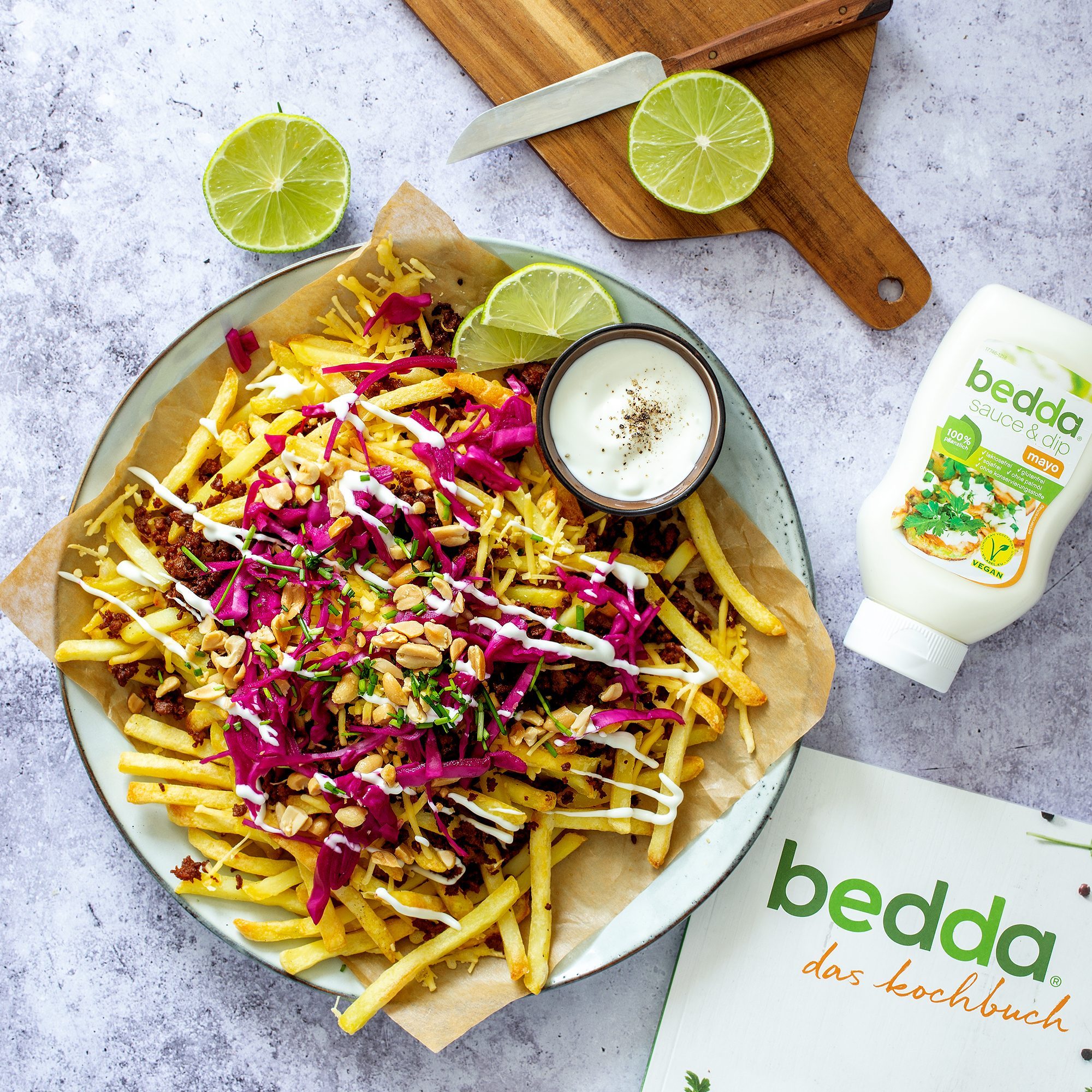 Vegan loaded fries with pickled red cabbage bedda world